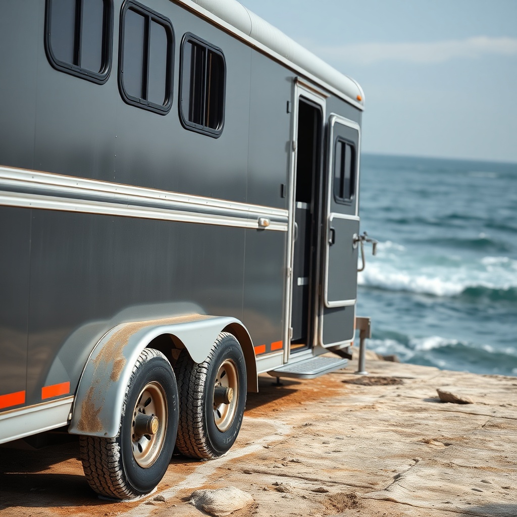 <Clean photorealistic photo of a horse trailer parked on a coastal cliff with waves in the