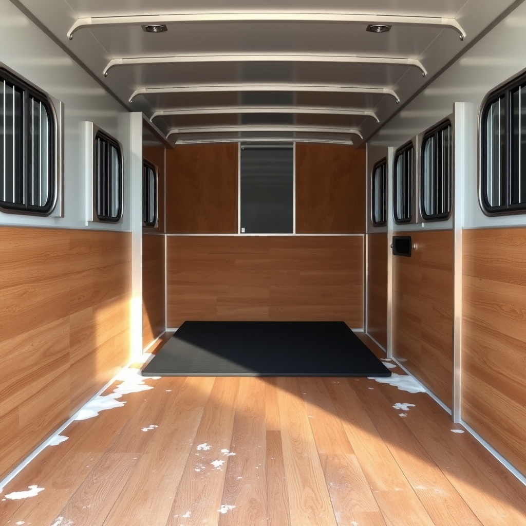 <Clean photorealistic photo of a horse trailer interior showing a wooden floor with a lift
